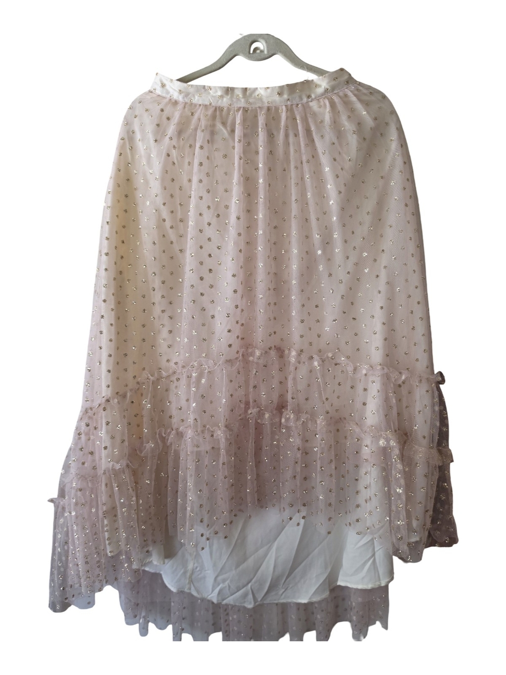 Joyfolie Pink Sheer Midi Skirt with Gold Metallic Dots